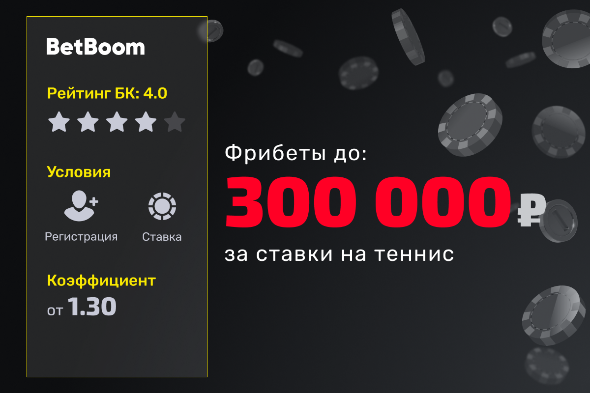 BetBoom: фрибет до 300000 рублей за ставки на теннис