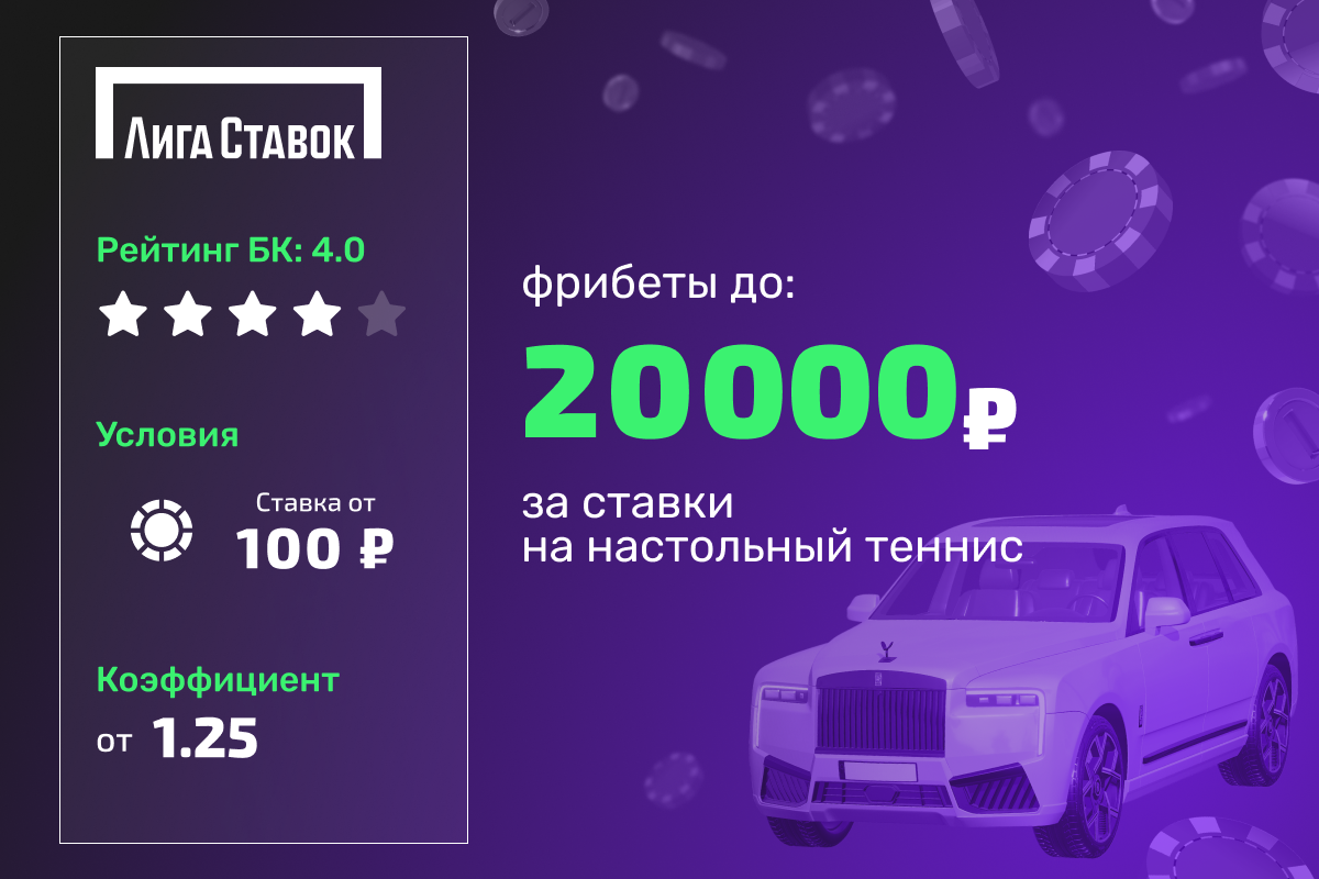 Лига Ставок: фрибеты до 20000 рублей за ставки на настольный теннис