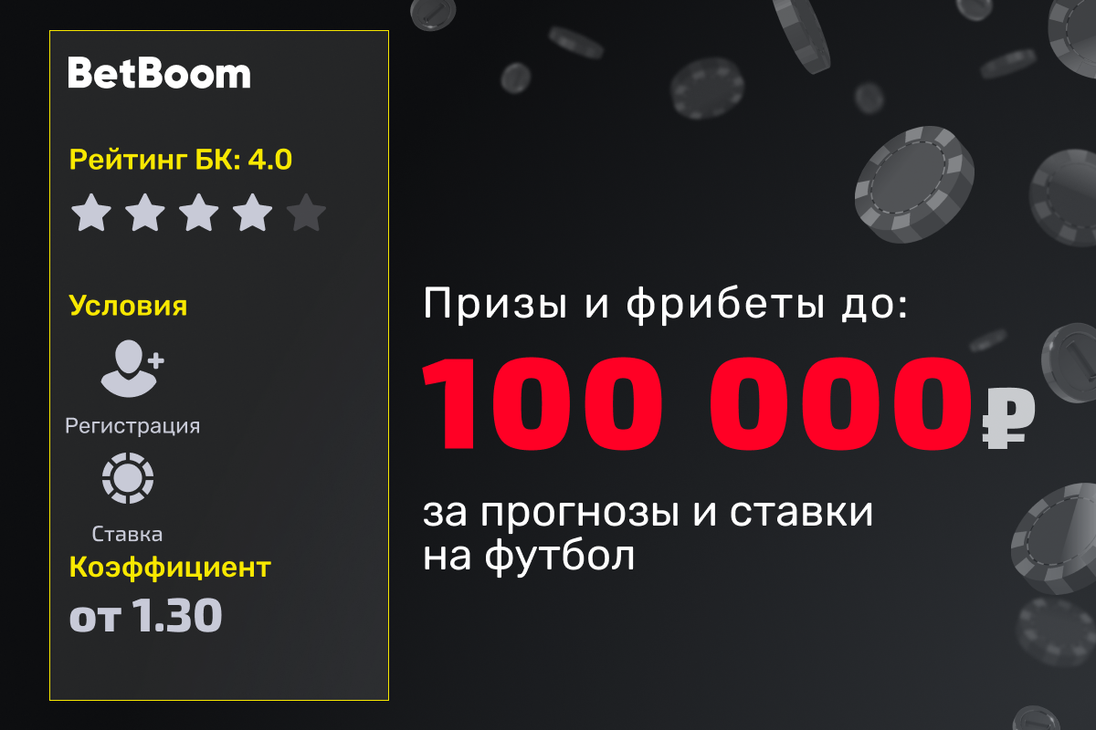 BETBOOM: фрибеты до 100 000 рублей и призы за прогнозы и ставки на футбол