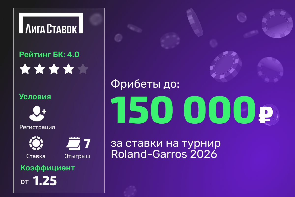 Лига Ставок: розыгрыш 1000000 рублей фрибетами за ставки на Roland-Garros 2026