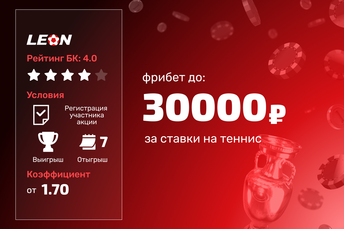 Леон: фрибет до 30000 рублей за выигрышные ставки на теннис