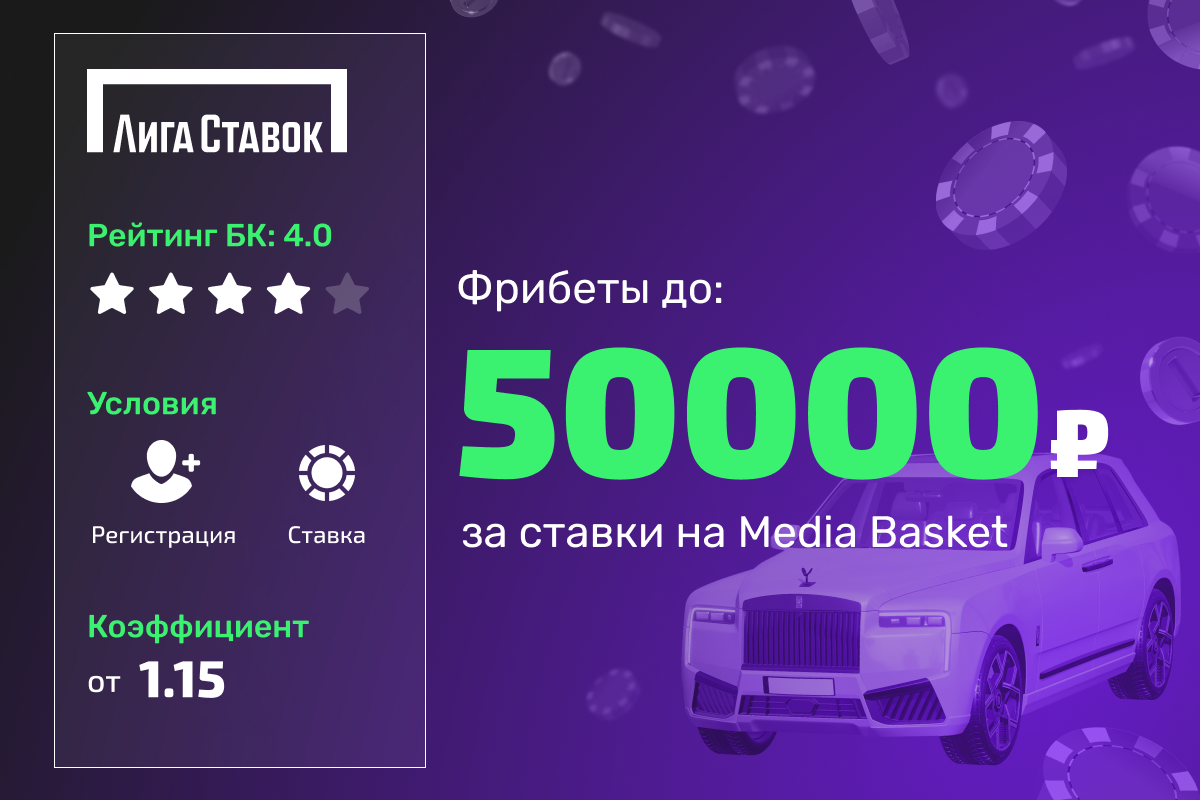 Лига Ставок: фрибеты до 50000 рублей за ставки на Media Basket