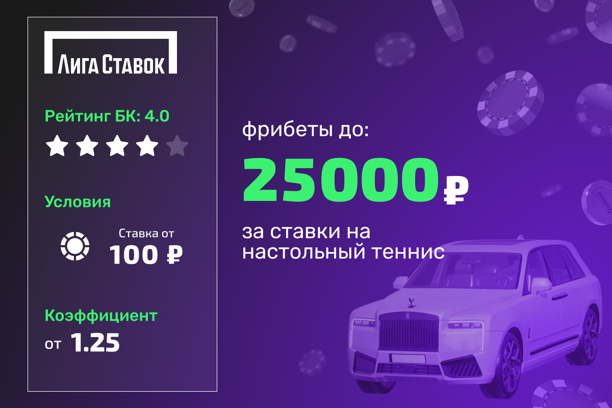 Лига Ставок: фрибеты до 25000 рублей за ставки на настольный теннис