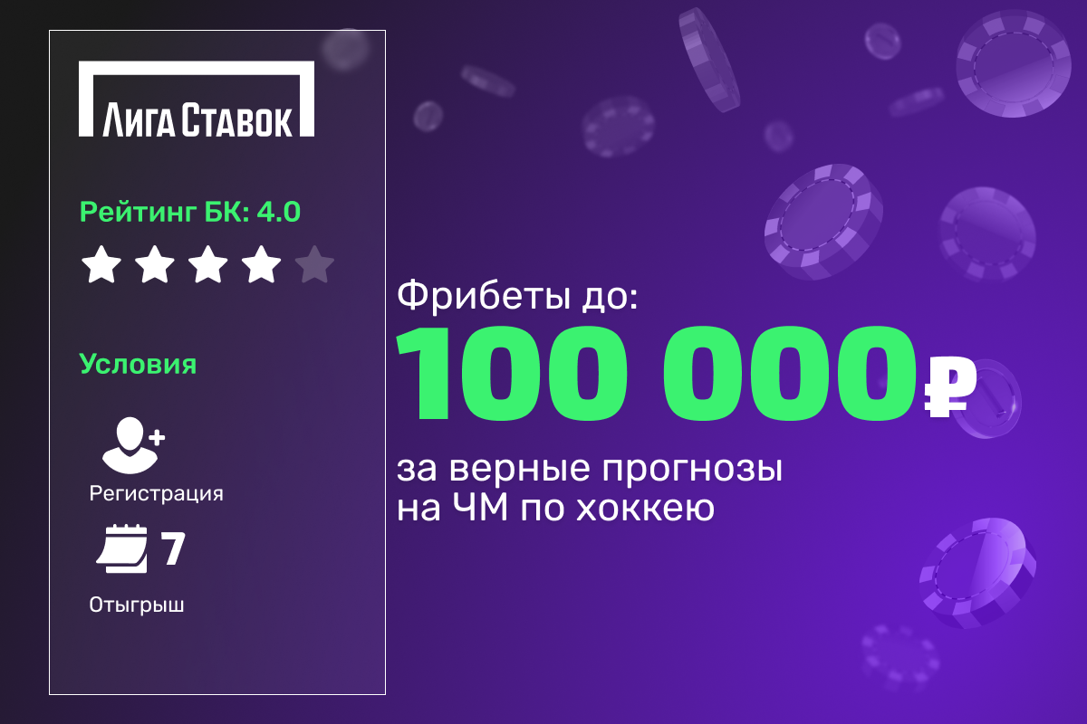 Лига Ставок: розыгрыш 1000000 рублей фрибетами за верные прогнозы на ЧМ по хоккею