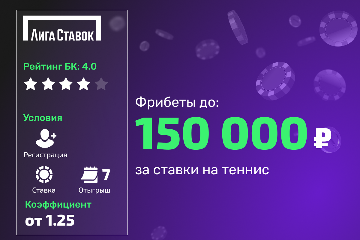 Лига Ставок: розыгрыш фрибетов до 150000 рублей за ставки на теннис