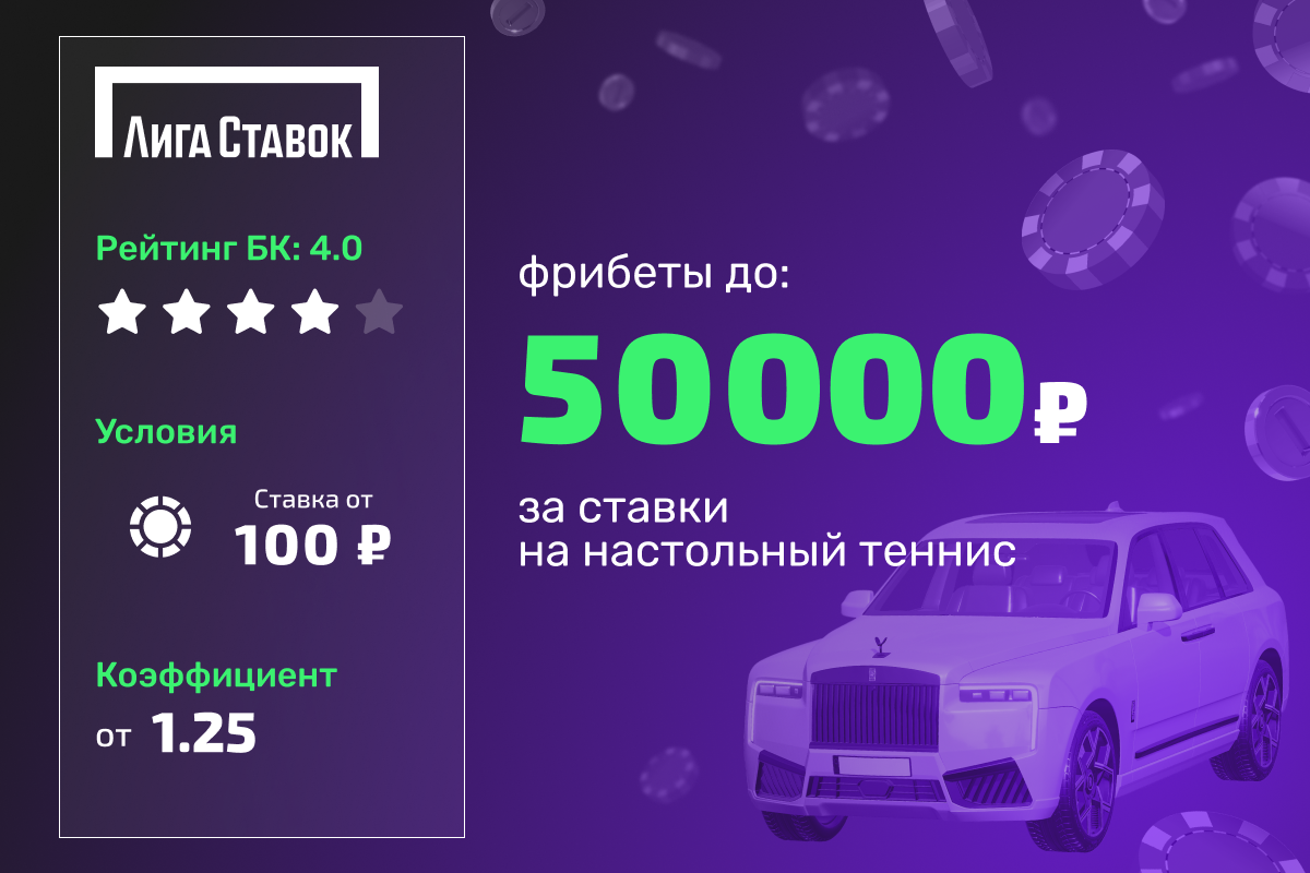 Лига Ставок: фрибеты до 50000 рублей за ставки на настольный теннис