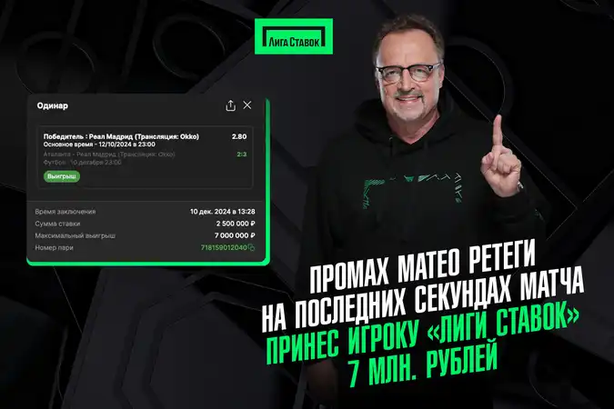 Промах Матео Ретеги на последних секундах матча принес игроку Лиги Ставок 7 млн. рублей