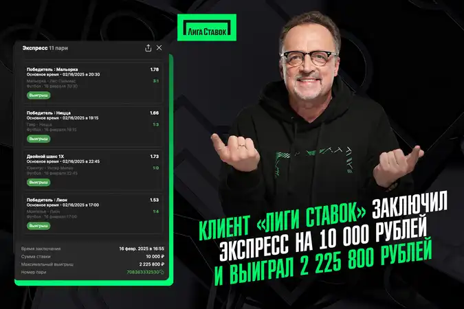 Клиент Лиги Ставок заключил экспресс на 10 000 рублей и выиграл 2 225 800 рублей