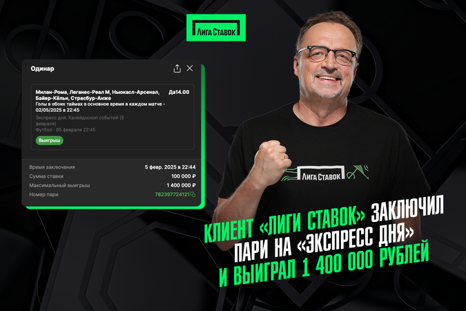 Клиент Лиги Ставок заключил пари на Экспресс дня и выиграл 1 400 000 рублей