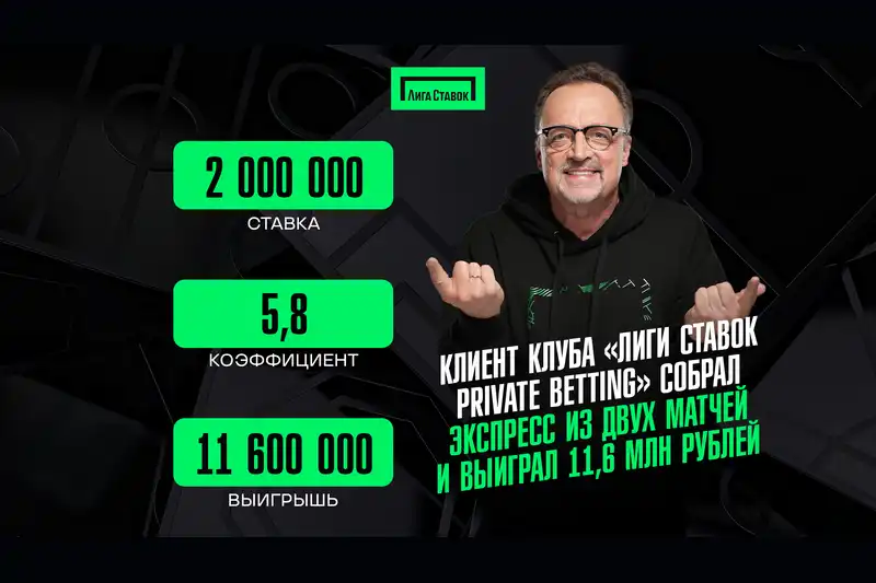 Клиент клуба Лиги Ставок Private Betting собрал экспресс из двух матчей и выиграл 11,6 млн рублей