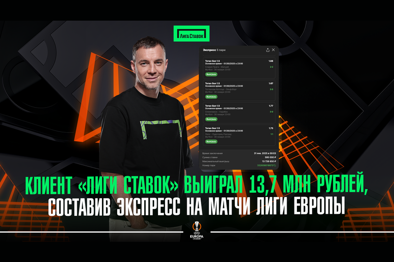 Клиент Лиги Ставок выиграл 13,7 млн рублей, составив экспресс на матчи Лиги Европы