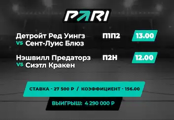 Клиент PARI выиграл более 4 млн рублей со ставки на НХЛ в 27 тыс. рублей