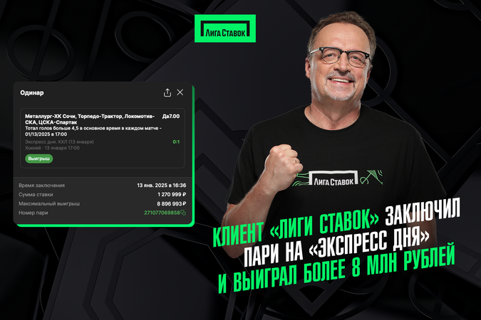 Клиент Лиги Ставок заключил пари на Экспресс дня и выиграл более 8 млн рублей