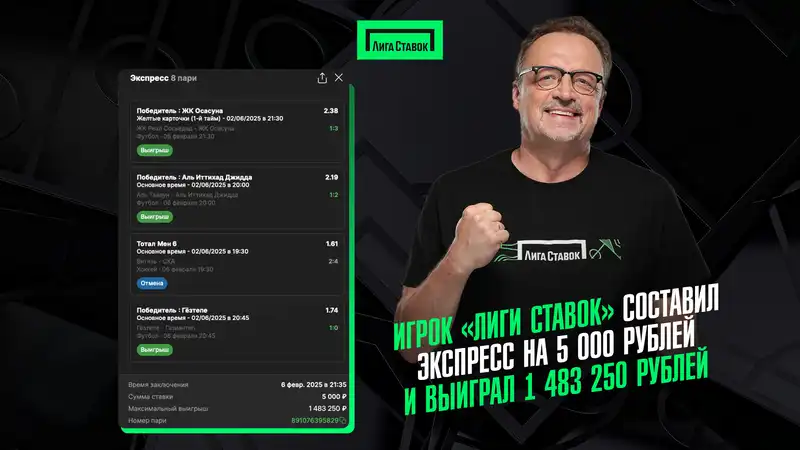 Игрок Лиги Ставок составил экспресс на 5 000 рублей и выиграл 1 483 250 рублей