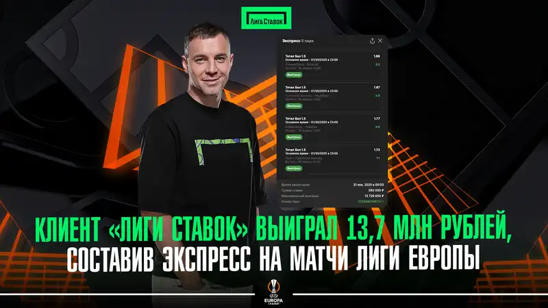 Клиент Лиги Ставок выиграл 13,7 млн рублей, составив экспресс на матчи Лиги Европы