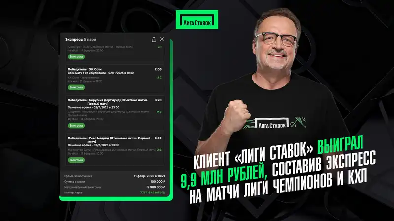 Клиент Лиги Ставок выиграл 9,9 млн рублей, составив экспресс на матчи Лиги чемпионов и КХЛ