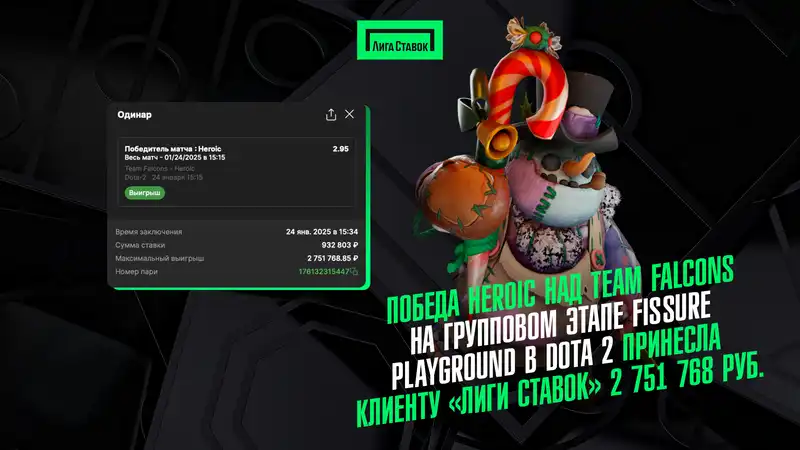 Победа HEROIC над Team Falcons на групповом этапе FISSURE PLAYGROUND в Dota 2 принесла клиенту Лиги Ставок 2 751 768 рублей