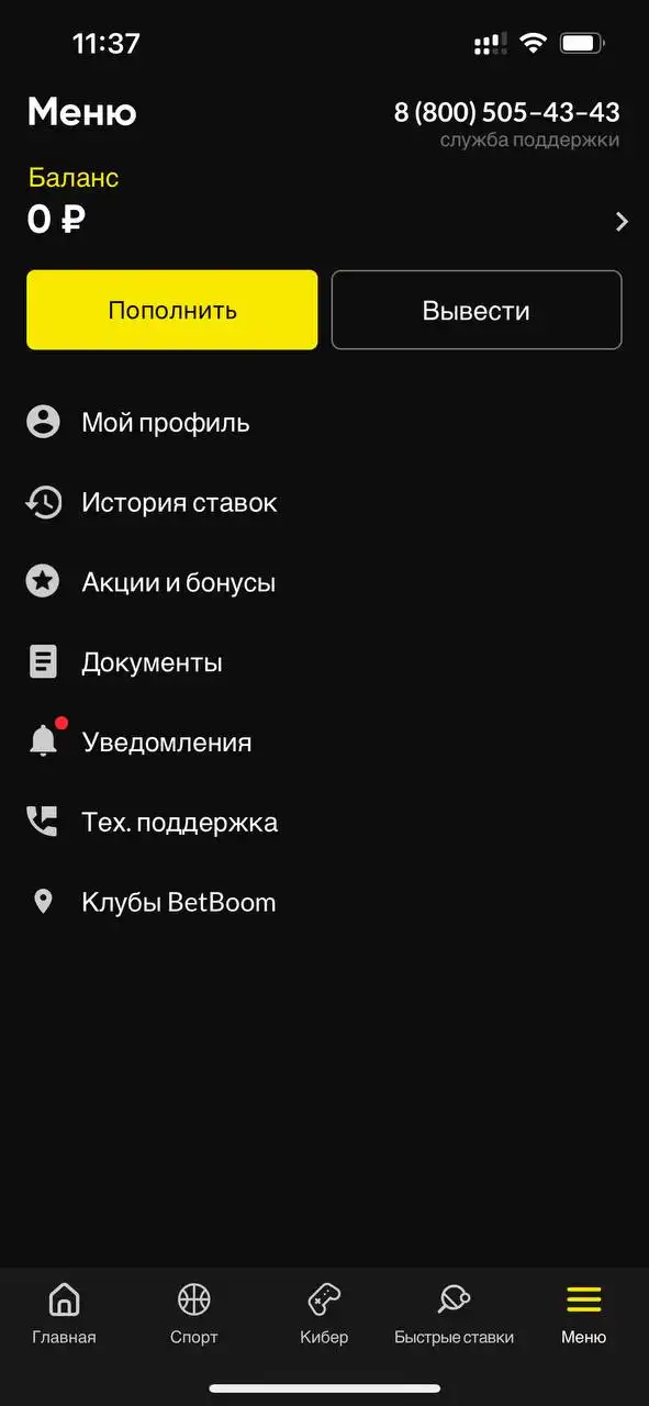 Баланс в мобильном приложении БетБум на айфон