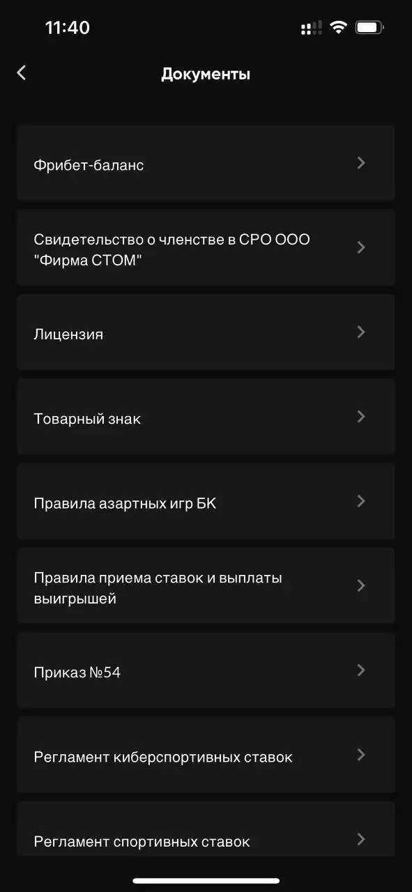 Документы в мобильном приложении БетБум на айфон