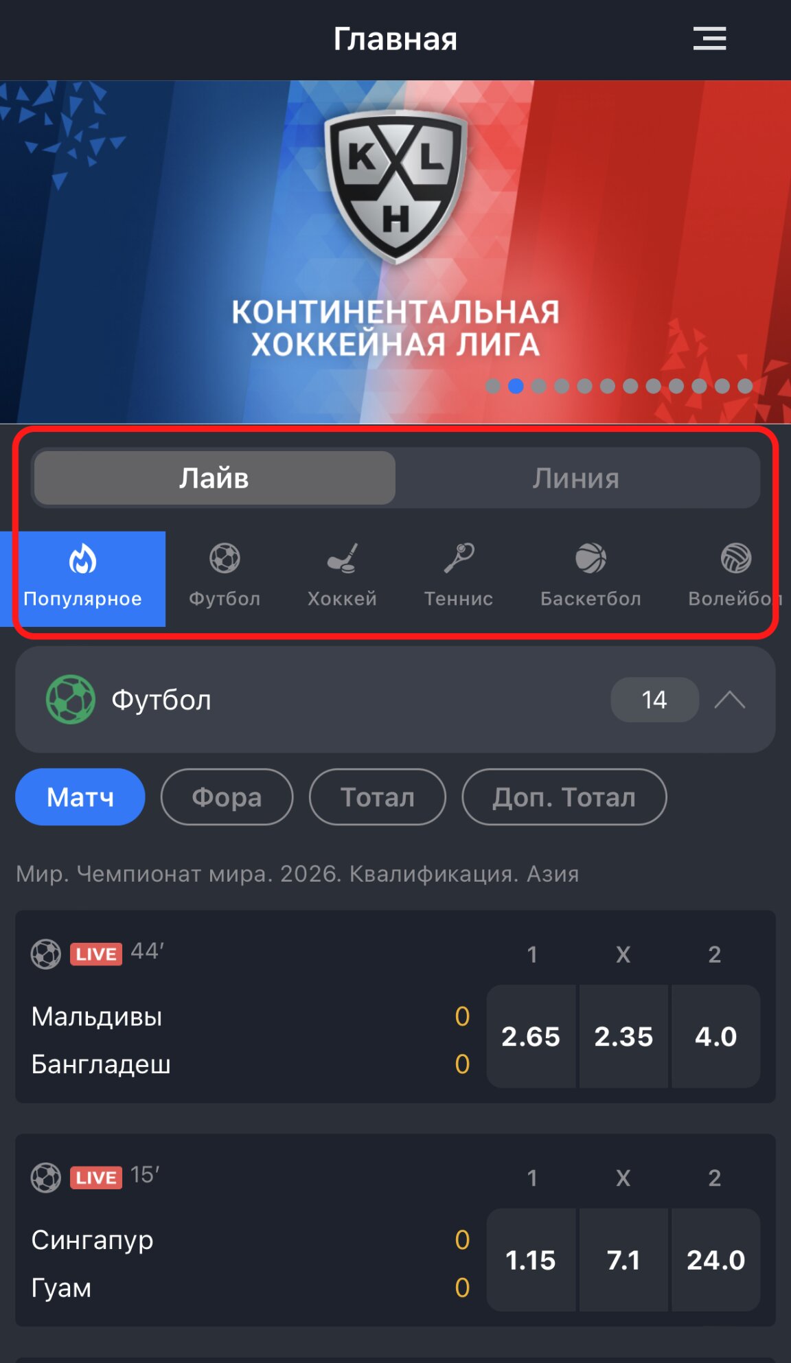 Лайв матч в мобильном приложении БалтБет на айфон
