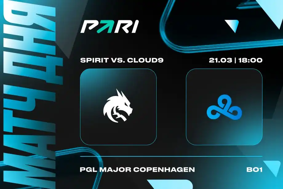 Клиент PARI поставил 600 000 рублей на Cloud9 против Team Spirit на PGL Major Copenhagen 2024 по CS2