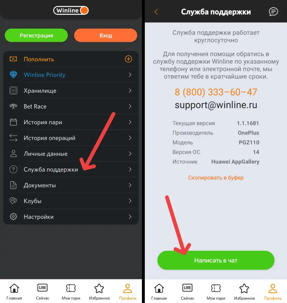 Служба поддержки в приложении Winline