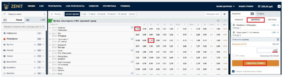 Zenit как ставить экспресс, особенности заключения пари