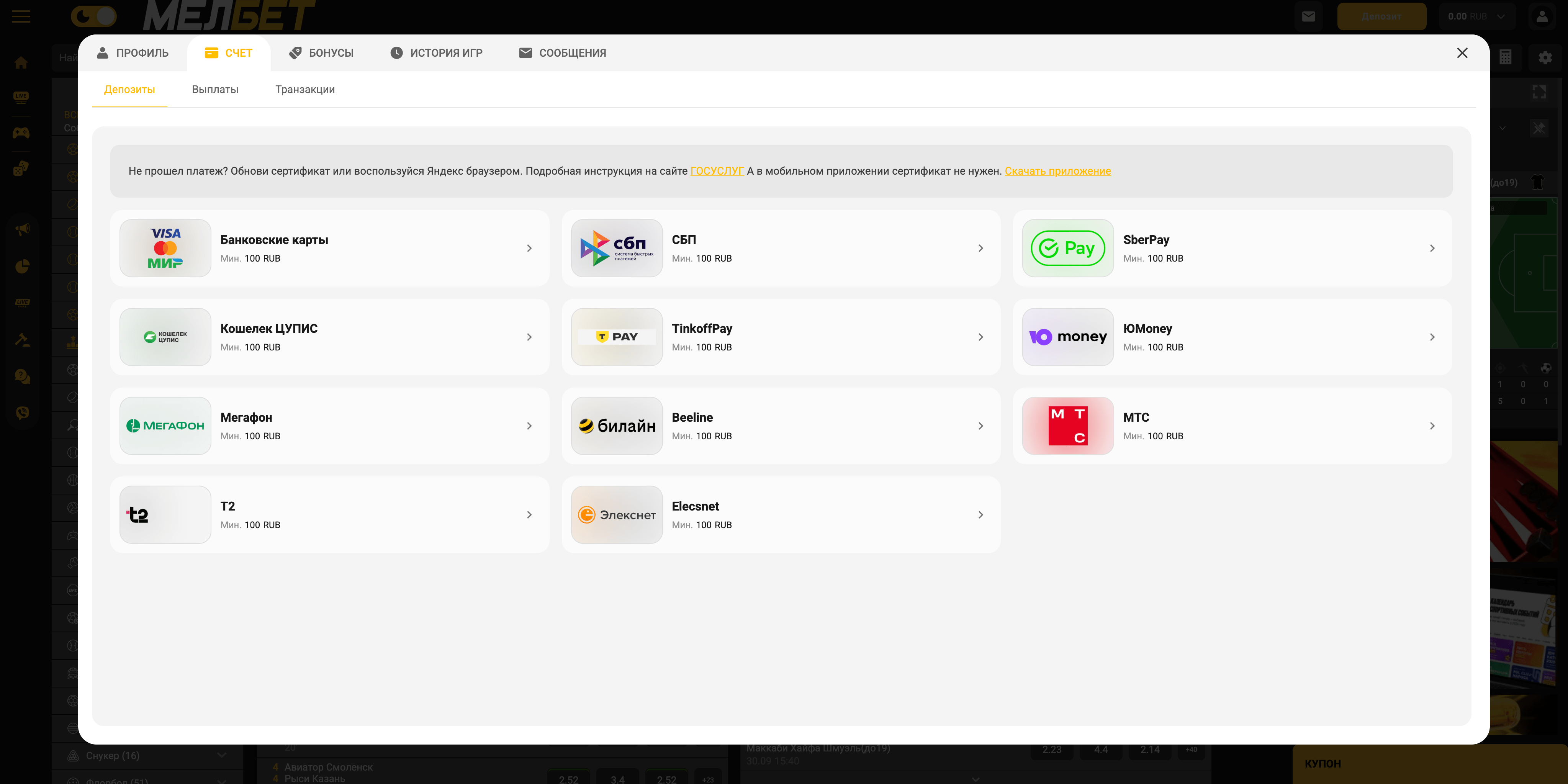 Пополнение счета в Melbet