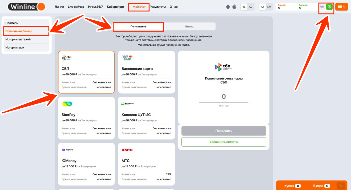 Личный кабинет БК Винлайн